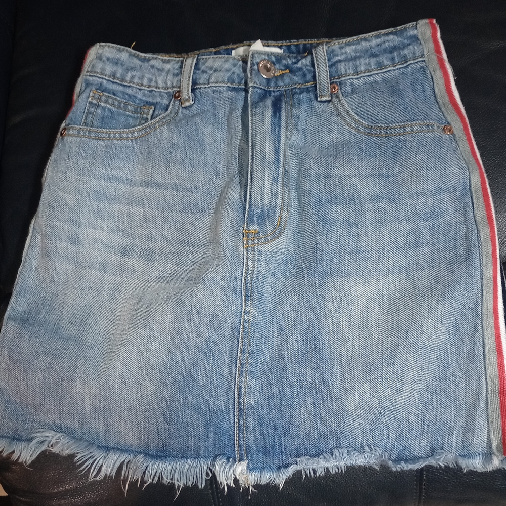 Dance & Marvel Blue Denim Mini Skirt with Red Stripe